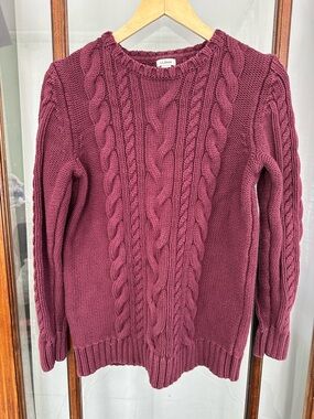 LL Bean Cable Knit Sweater Womens L TALL Purple Fisherman Pullover Cotton